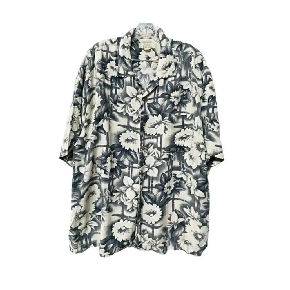 Tommy Bahama 100% Silk Button Down Shirt Hawaiian Floral Gray XL